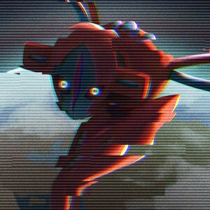 May include: A digital illustration of a red and blue creature with glowing yellow and blue eyes, rendered with a horizontal scanline glitch effect. The figure features sharp, angular limbs and a segmented body structure against a dark background.