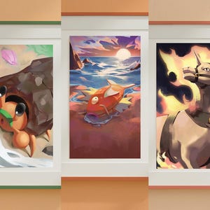 May include: Three framed art prints featuring colorful illustrations. One shows a cartoon crab emerging from a rock, another depicts a fish on a beach with a sunset, and the last portrays a fiery horse-like creature.