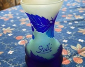 Small Galle blue cherries cameo glass vase