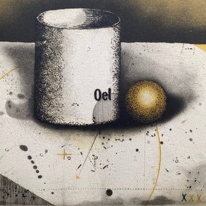 May include: A black and white illustration of a cylinder with the word "Oel" on it and a gold sphere on a white background with black and gold markings.