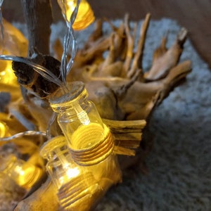 Op de afbeelding: Een rustieke houten tak met een lichtsnoer eromheen gewikkeld. De lampjes zitten in kleine glazen flesjes die met touw zijn omwikkeld. De flesjes zijn verlicht en gloeien.
