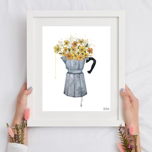Minimalist Art Print, Moka Pot, Coffee Art Floral, Bialetti, Espresso Lover, Wall Art for Kitchen, Gift Idea, House, Apartment, Housewarming