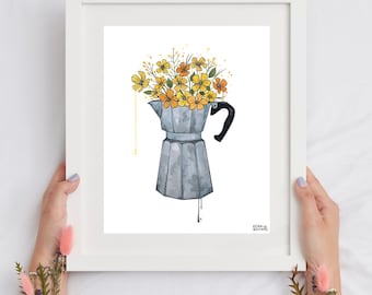 Minimalist Art Print, Moka Pot, Coffee Art Floral, Bialetti, Espresso Lover, Wall Art for Kitchen, Gift Idea, House, Apartment, Housewarming