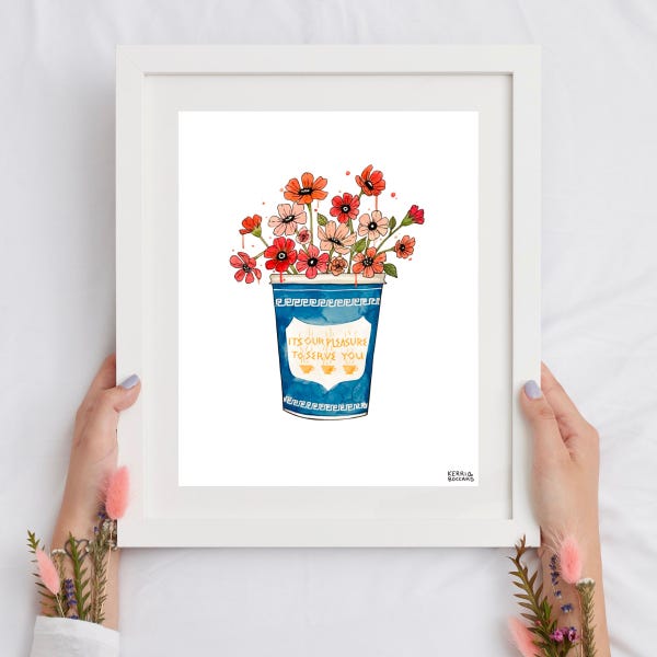NYC Coffee Cup Floral Art Print: Minimalist Bedroom Wall Decor