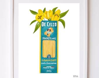 May include: A vintage-style illustration of a box of De Cecco spaghetti, featuring a woman holding a bundle of wheat. The box is blue and yellow with the text "De Cecco Spaghetti No. 12 Superior Quality Lenta Essiccazione Made in Italy 500g."