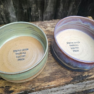 May include: Two ceramic bowls with a round shape and a wide rim. One bowl is light green and the other is purple and blue. The interior of each bowl has a tan base with the text "YOU'VE EATEN THEM ALL YOU FAT PRICK".