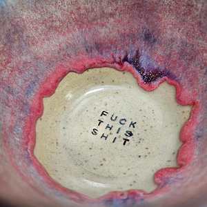 May include: A handmade ceramic bowl with a speckled beige interior and a vibrant exterior. The rim features a gradient of red, purple, and blue hues. The words "FUCK THIS SHIT" are printed in black inside the bowl.