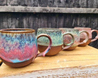 Handmade and hand painted large 475ml stoneware terracotta belly mugs