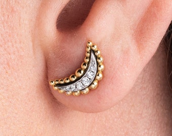 Elegant Moon Earrings with Diamonds: 18K Gold Luxury Crescent Moon Stud Earrings, Celestial Stud Earrings