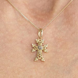 18K Solid Gold Armenian Cross Pendant, Diamond Armenian Cross Charm, Elegant Christian Gift for Her, Vintage Religious Jewelry