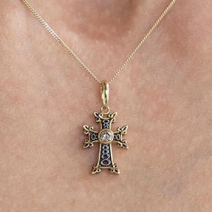 18K Gold & Sterling Silver Armenian Cross Pendant with Brown Diamond, Catholic Cross Pendant Necklace, Luxury Religious Jewelry Gift for Her