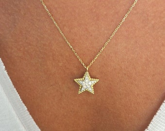 18k Gold Star Pendant with Diamonds: Star Necklace, Dainty Necklace, Charm Necklace, Diamond Necklace