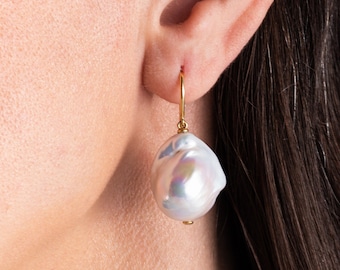 18K Yellow Gold Baroque Pearl Earrings: Elegant Natural Pearl Dangle Earrings, Luxury Fine Jewelry