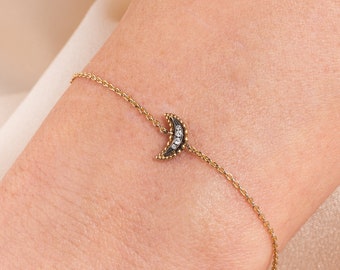 18K Gold Chain Bracelet with Diamond Moon: Starburst Bracelet, Dainty Celestial Jewelry, Minimal Celestial Bracelet