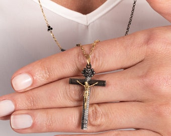 Memento Mori Crucifix Pendant 18K Gold and Silver, Gold Crucifix Pendant, Gold Jesus Cross Necklace, solid Gold Cross, valentines day