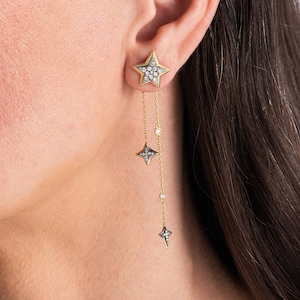 Long Dangle Stars Earring in Solid 18K Gold, Long Chain Earrings, Starburst Dangle Earrings, Dainty Celestial Earrings, valentines day