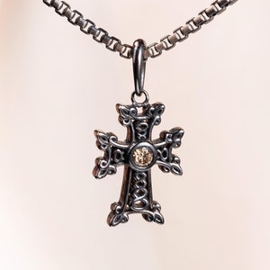 925k Silver Gothic Cross Necklace, Vintage Cross Pendant with Brown Diamond, Baroque Silver Necklace, Religious Jewelry for Men & Women