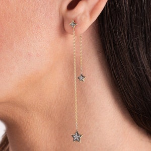 Long Dangle Stars Earring in Solid 18K Gold, Long Chain Earrings, Starburst Dangle Earrings, Dainty Celestial Earrings, valentines day