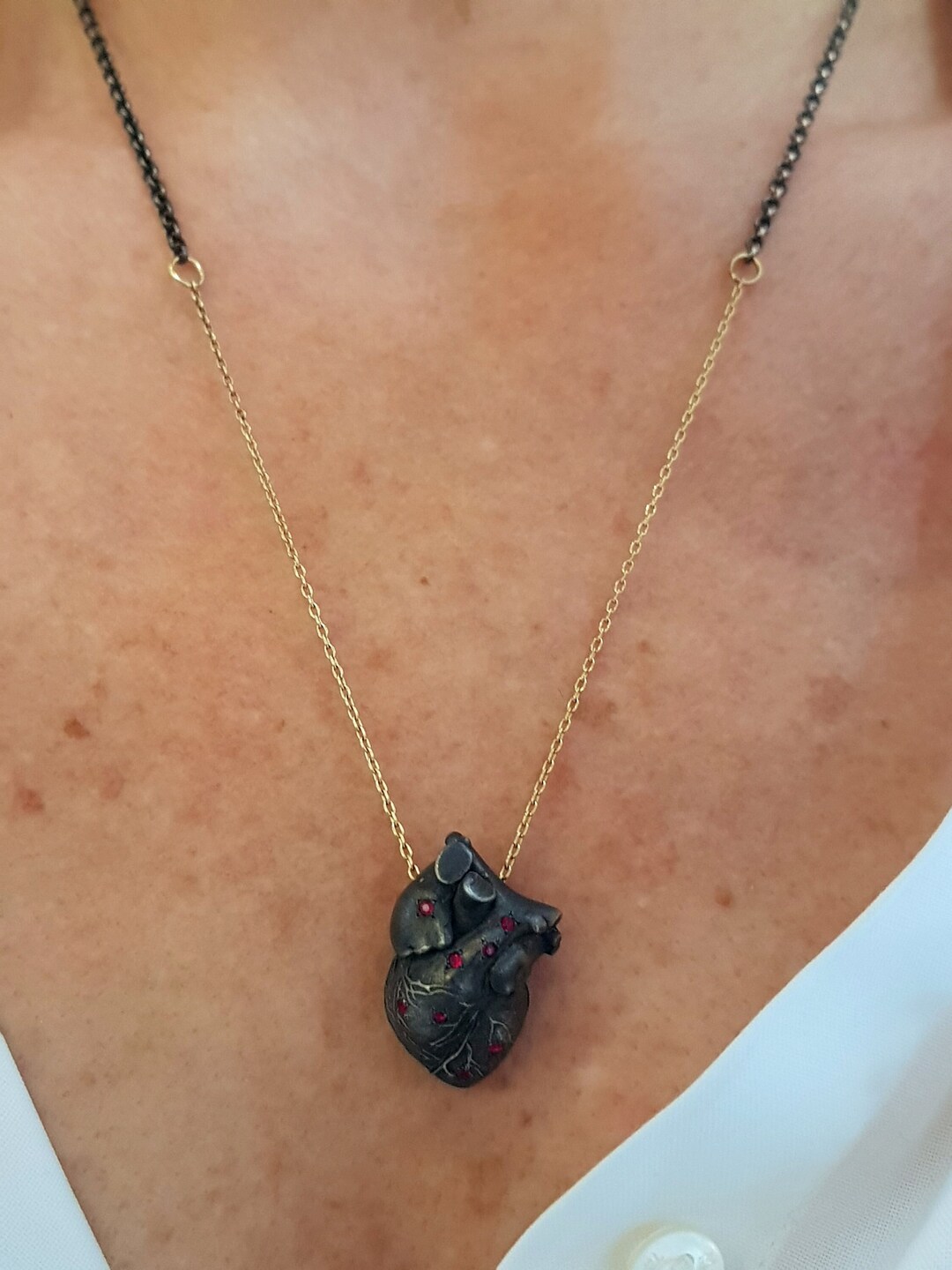 Anatomical Heart Necklace 18K Gold & Silver With Ruby, Anatomical