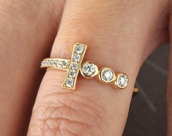 14K Rose Gold Cross Ring with Sparkling Diamonds, Adjustable Open Band Faith Ring, Dainty Christian Jewelry for Women,Elegant Religious Gift