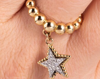 18K Solid Gold Star Charm Diamond Ring: Adjustable Beaded Gold Ring, Dangling Star Stacking Ring