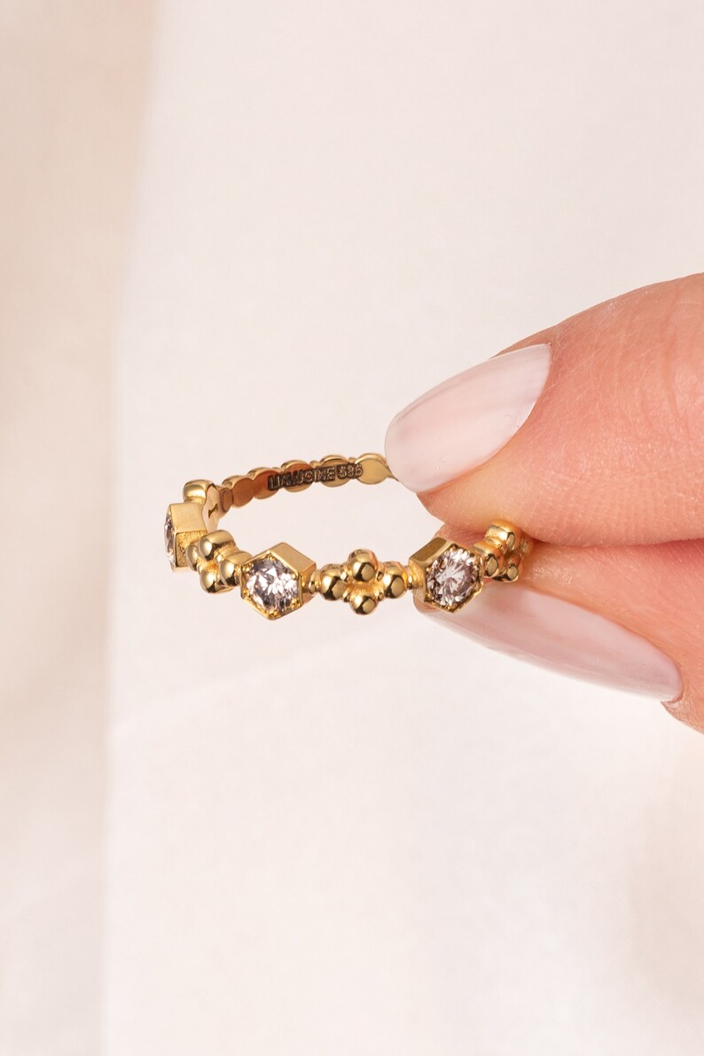 14K Solid Gold Dainty Ring With Champagne Diamond: Minimalist Honeycomb ...