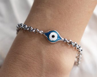 Enamel Evil Eye Bracelet, 18K Solid Gold Chain With Blue Eye Charm