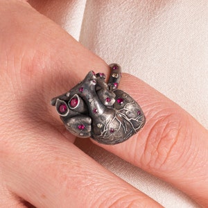 Sterling Silver Anatomical Heart Ring with Ruby Stones, Gothic Heart Jewelry, Unique Romantic Jewelry Gift, Anatomical Ring for Women