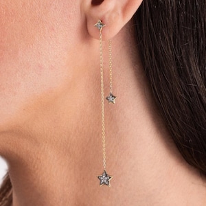 18K Solid Gold Star Dangle Earrings, Diamond Star Drop Earrings, Celestial Jewelry Gift, Elegant Chain Earrings, Luxury Fine Jewelry