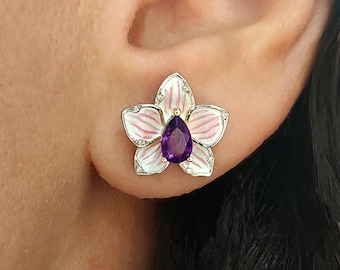 Brincos de flor de orquídea ametista, brincos de esmalte de ouro e prata 14K, tachas florais de pedras preciosas roxas, joia botânica para presente para ela