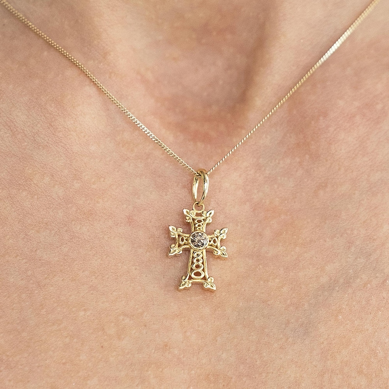 18k Solid Gold Armenian Cross Pendant with Diamond