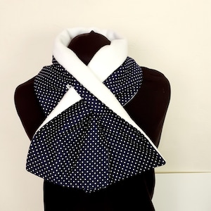Keyhole Fleece Scarf, navy blue cotton fabric lined with whiter non pill fleece. Length 39&quot; x Width 7&quot;