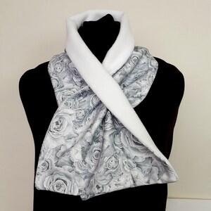 Keyhole Fleece Scarf, Grey and White cotton fabric lined with white non pill fleece. Length 39&quot; x Width 7&quot;