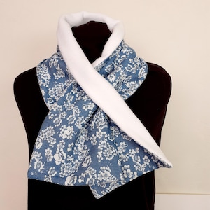 Keyhole Fleece Scarf, denim blue cotton fabric lined with non pill fleece. Length 39&quot; x Width 7&quot;
