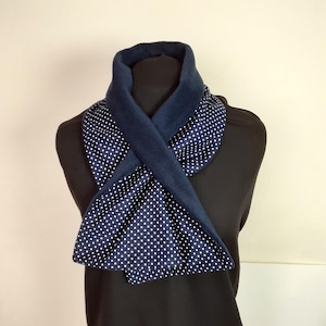 Keyhole Fleece Scarf, navy blue cotton fabric lined with navy non pill fleece. Length 39&quot; x Width 7&quot;