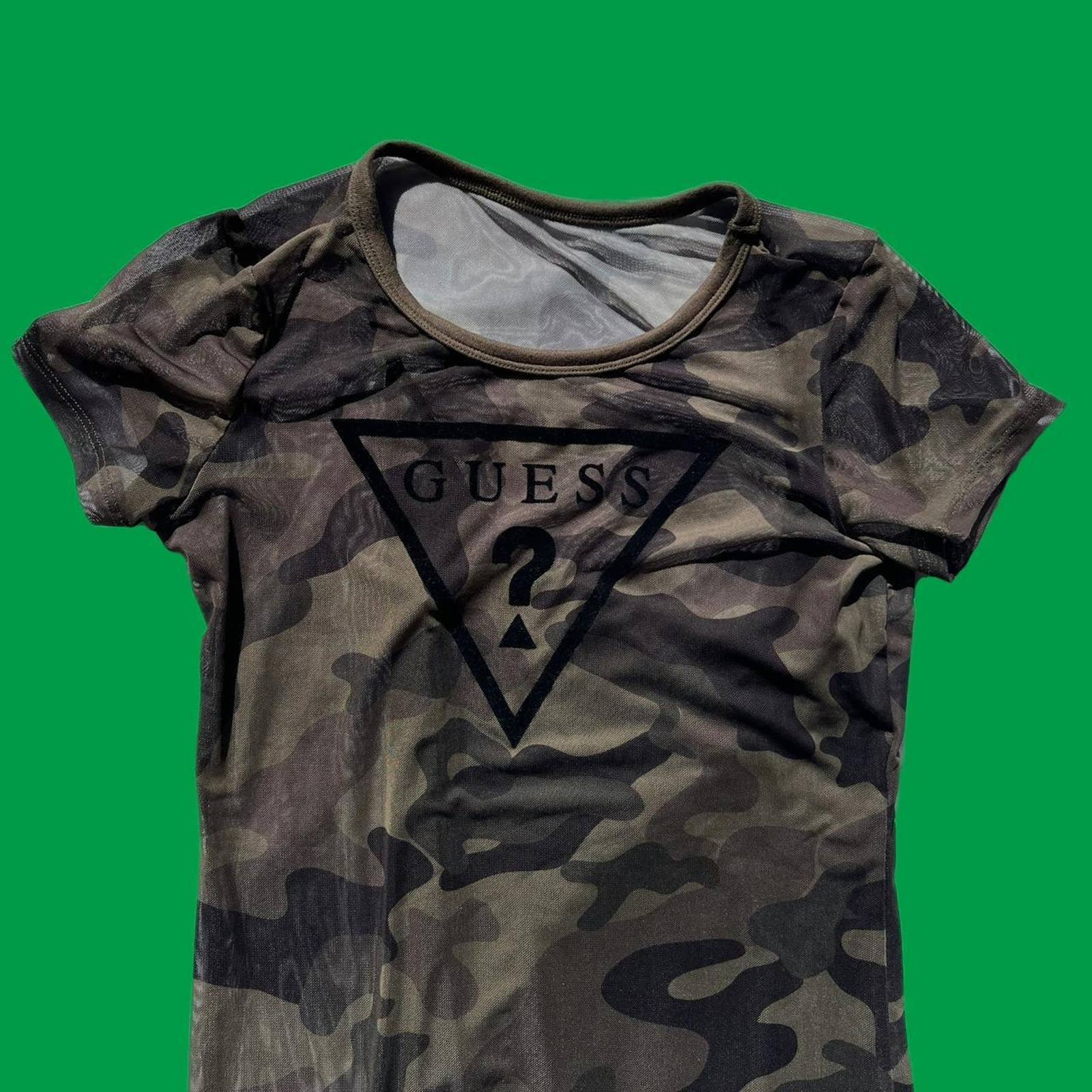 Y2K Guess Camo Print Sheer Mesh Mini Dress Fitted Bodycon Tshirt