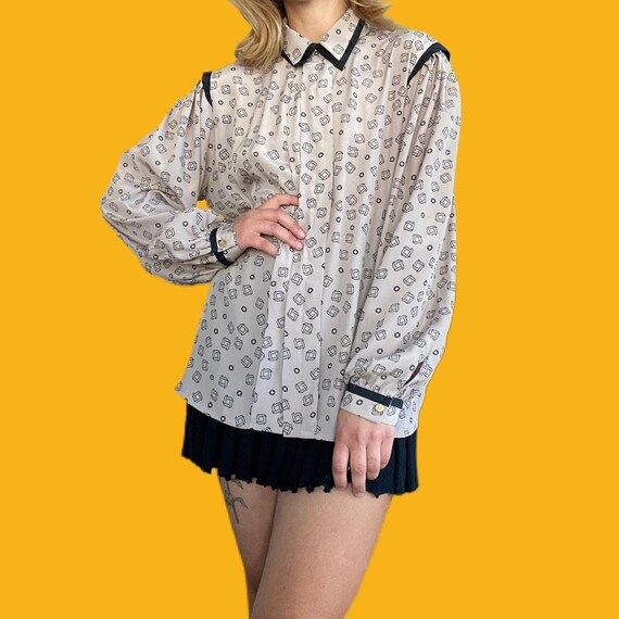 Neutral Retro Square Patterned Button Down Shirt - image 3