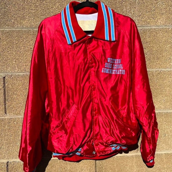 1980s Red satin varsity bomber jacket | Striped collar and cuffs | Snap buttons | Vintage athletic high school ringer jacket - Size large