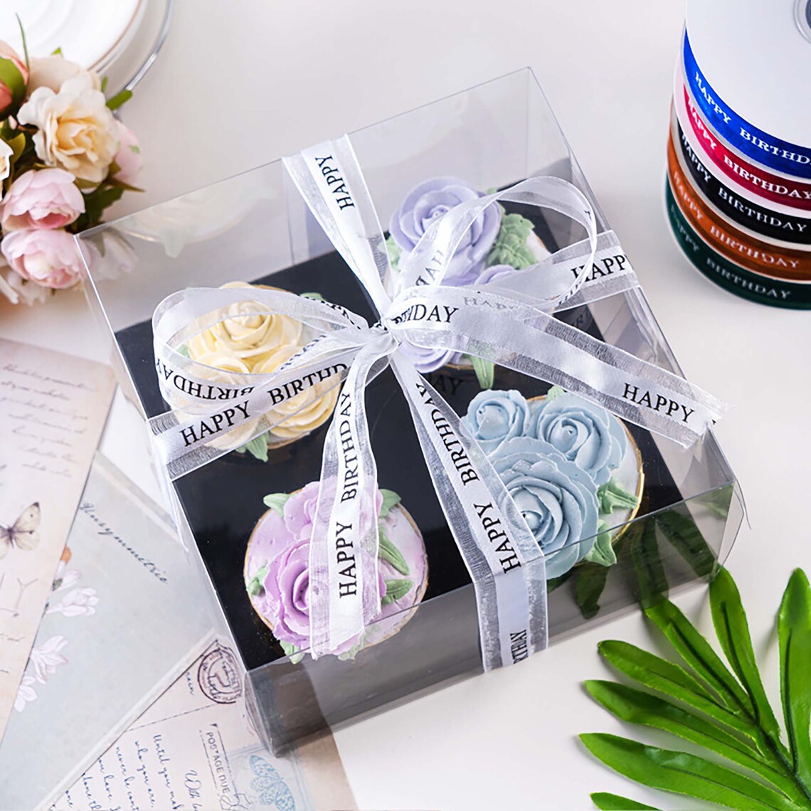 Happy Birthday Cake Box Ribbon Butterfly Tie DIY Gift Flowers Etsy