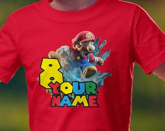 Personalized kids T-shirt inspired by Mario, schoolchild with name, kids shirt with desired name