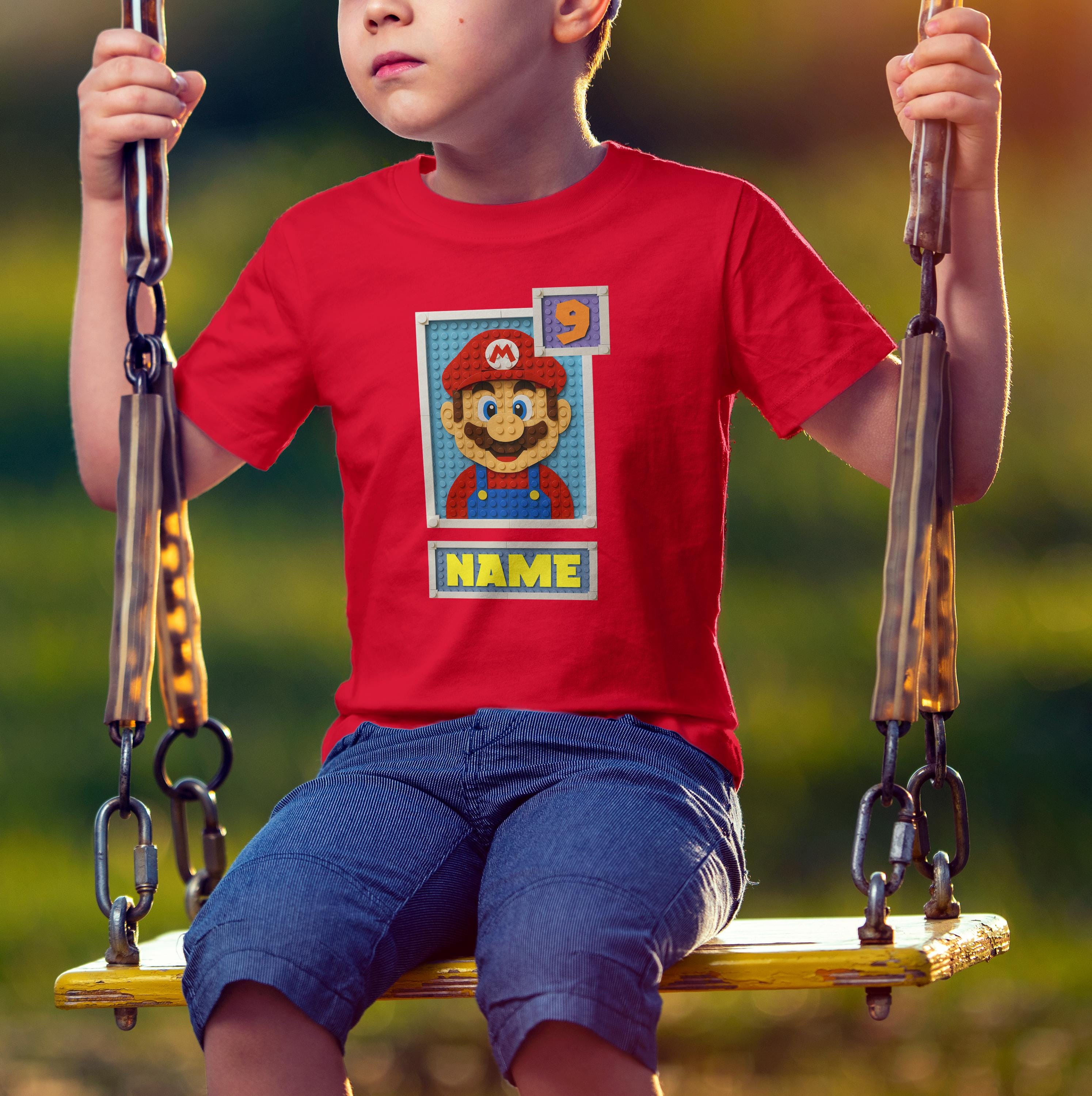 Personalized Kids T-Shirt with Video Game Block Design – Birthday Shirt with Name and Age – Gift for Gamer Kids