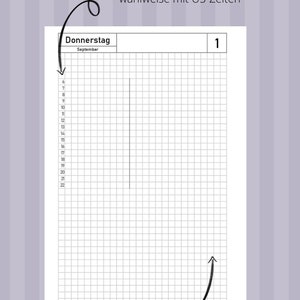 Könnte beinhalten: Eine schwarz-weiße druckbare Tagesplanerseite mit einem Rasterlayout. Die Seite ist mit "Donnerstag" und "September" beschriftet. Die Seite enthält eine Zeitleiste von 6 bis 22, mit der Option, US-Zeiten zu verwenden. Die Seite enthält auch Platz für Notizen und To-Do-Listen.
