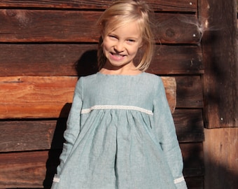 Anna linen dress, mint, size 122/128, 100% linen, bobbin lace