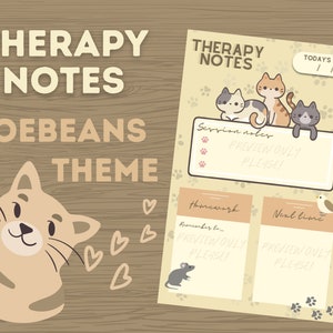 May include: A printable therapy notes page with a cute cat and paw print theme. The page is divided into sections for session notes, homework, and next time. The text "PREVIEW ONLY PLEASE!" is repeated throughout the page.