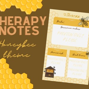 May include: A printable therapy notes template with a honeycomb pattern and a bee theme. The template includes sections for date, session notes, homework, and next time. The text "PREVIEW ONLY PLEASE" is repeated throughout the template.