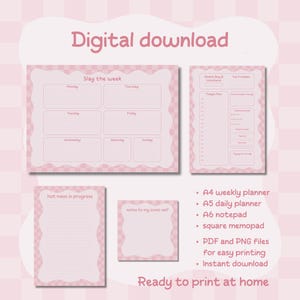 May include: Digital download of pink printable planners and notepads. Includes a weekly planner, daily planner, notepad, and square memopad. The text includes "Slay the week", "hot mess in progress", and "notes to my iconic self".