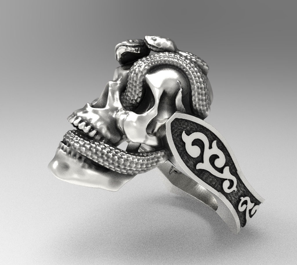 Sterling Silver Snake Skull Ring: Oxidized Biker Jewelry - Etsy
