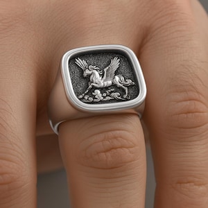 Pegasus Ring: Hellenistic 925 Sterling Silver Oxidized Engraved Ring
