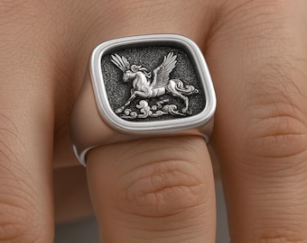 Pegasus Ring: Hellenistic 925 Sterling Silver Oxidized Engraved Ring