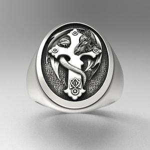 Drache auf dem Kreuz,Drachen Silber Ring,Drachen Siegelring,Wikinger Ring,Slawischer Krieger Ring,Mythologie Ring,Kreuz Ring,Heiliges Kreuz,Geschenk für ihn